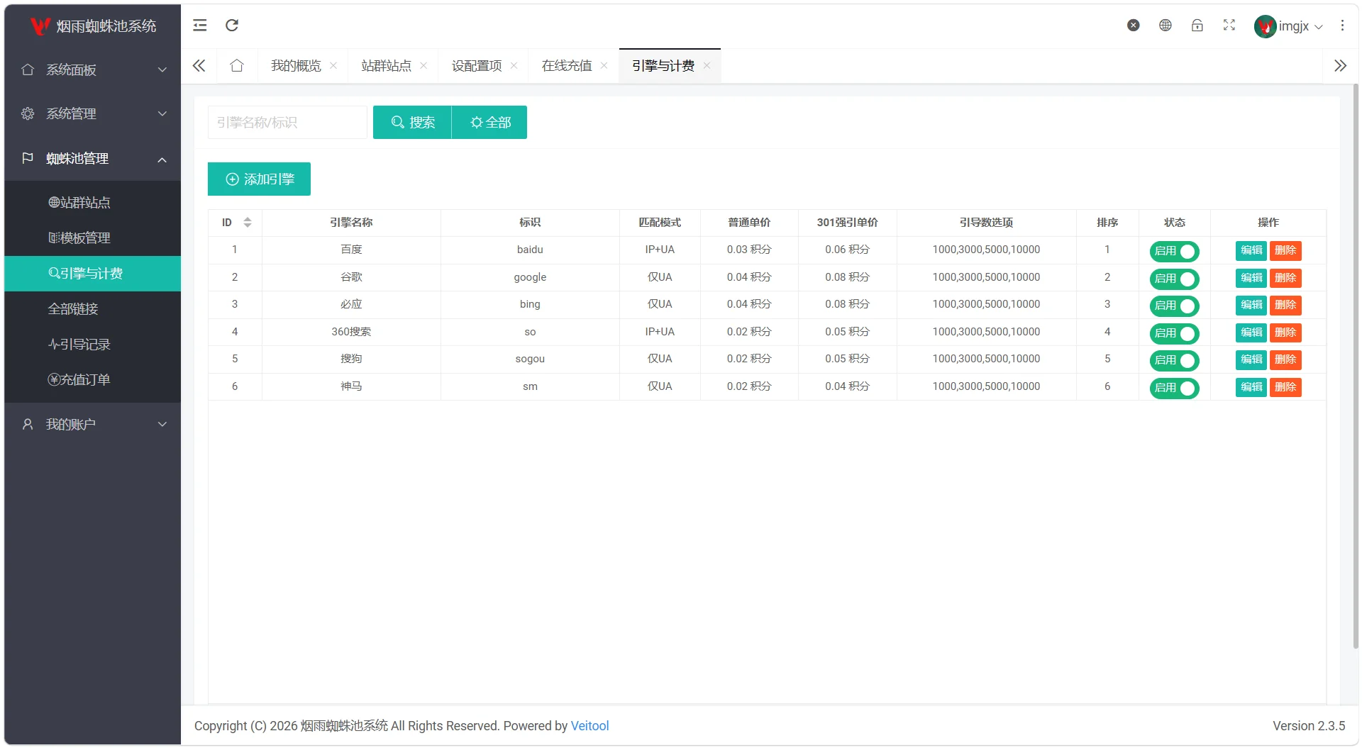 最新多用户站群蜘蛛池源码 SaaS系统积分六大引擎计费易支付对接-3 最新多用户站群蜘蛛池源码 SaaS系统积分六大引擎计费易支付对接-3